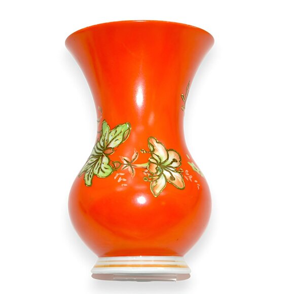 Antique Mid Century MCM Schaubach Orange Hand Painted Enamel Porcelain Vase - Picture 1 of 6